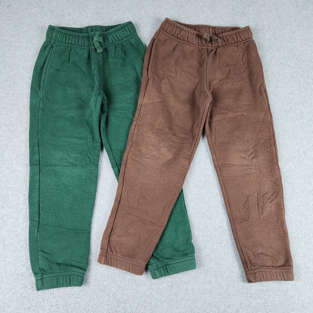 Lot of 2 Cat & Jack Sweatpants Kids XS 4/5 Green Brown Fleece Warm Elastic Waist